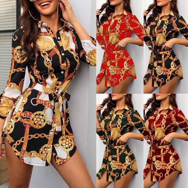 

long sleeve chain print womens dress shirt casual mini vestido de mujer, Black;gray