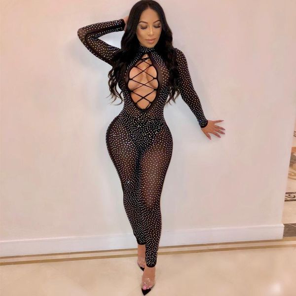 

women's jumpsuits & rompers ahvit hollow out bandage women shiny rhinestones o neck full sleeve skinny romper plus size party catsuit e, Black;white