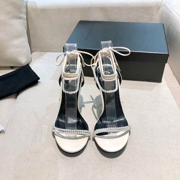 

2021 spring summer genuine leather pearl sandals with straps high heel round toe bridal crystal party wedding women shoes high-end quality, Black