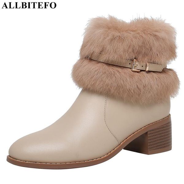 

boots allbitefo suitable for cold winter warm snow hair + genuine leather women fashion ankle high heel, Black