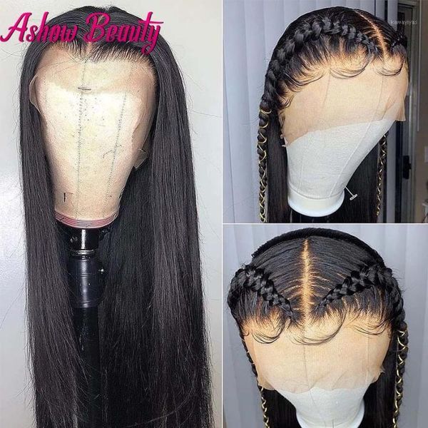 

ashow beauty hair 13x4 lace front human wigs for black women brazilian straight 4x4 closure wig pre plucked remy1, Black;brown