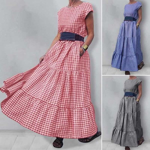 

casual dresses zanzea elegant plaid ruffle vestidos vintage summer female stylish long maxi dress women's sleeveless pocket robe plus s, Black;gray