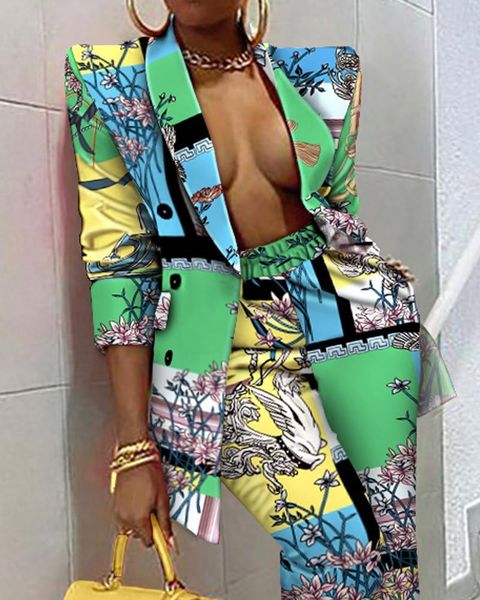 

women's two piece pants rmsfe 2021 autumn women printed long sleeve lapel fashion suit waist closing coat set, White