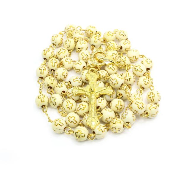 

pendant necklaces religious gold color engraved rosary beads necklace christian cross blessing prayer jewelry gift, Silver