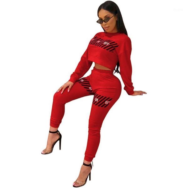 Macacões Macacões Femininos Conjunto de 2 Peças Letra Estampado Causal Feminino Decote O Manga Longa Crop Top Cintura Alta Bodycon Calça Skinny Outono Vermelho Ju