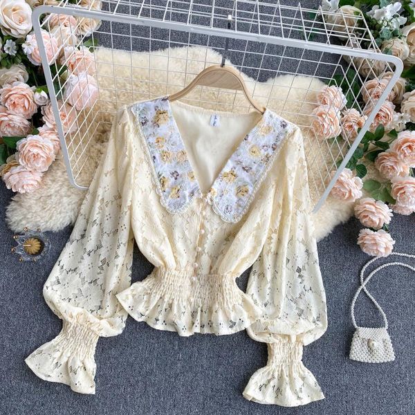 

women's blouses & shirts retro bead long sleeve short spring fashion thin sweet lace shirt elegant clothes ropa de mujer blou, White