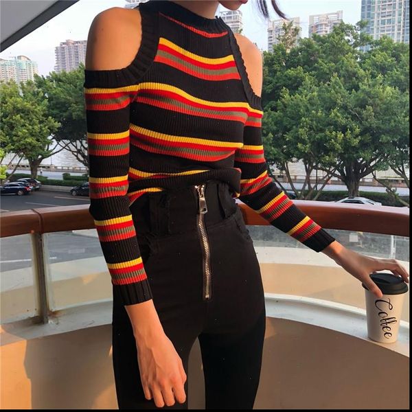 

womens sweater korean retro striped patchwork off shoulder slim drop, White;black