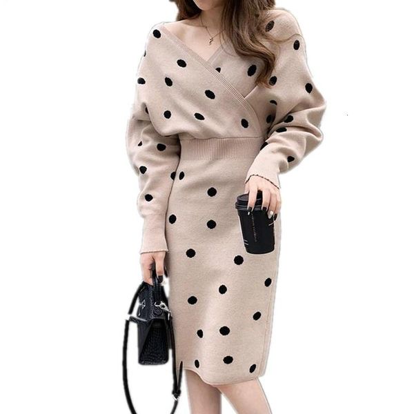 

casual dresses fashion women dot knitted dress spring long sleeve thick warm v neck slim sweater pencil vestidos v8io, Black;gray