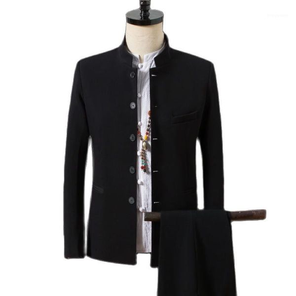 

men's suits & blazers chinese style autumn suit solid color casual stand collar jacket pants 2pcs set coat trouser, White;black