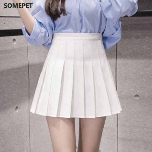 

skirts 8 colors womens fashion solid high waist pleated mini skirt slim casual uniform white tennis falda, Black