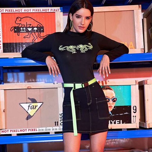 

new in women fashion oriental dragon printed tee fall casual round neck slim fit long sleeve t-shirt top, White
