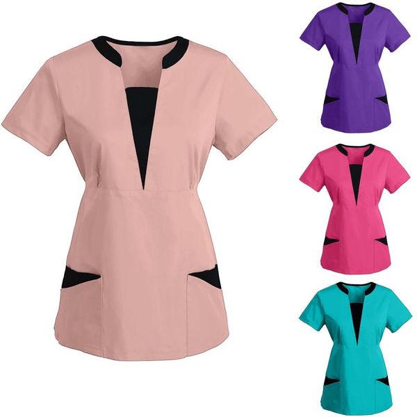

women's blouses & shirts women short sleeve v-neck work uniform solid patchwork color pocket blouse, White