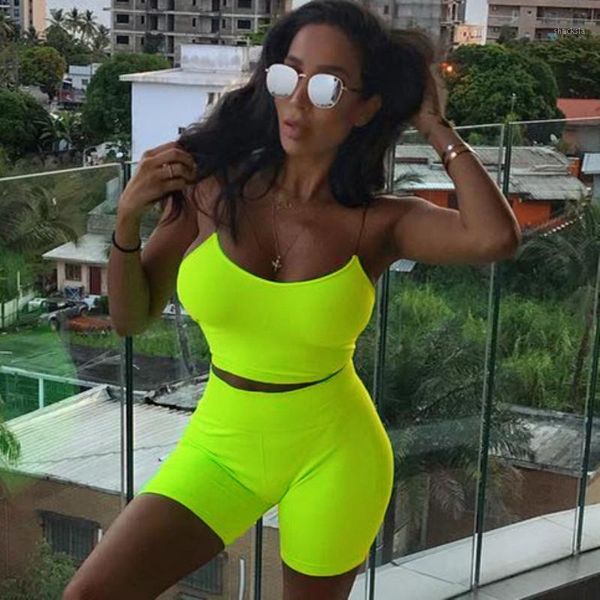 

spaghetti straps camis shorts 2 pieces neon green sets women casual crop solid 2021 summer autumn women's tracksuits, Gray
