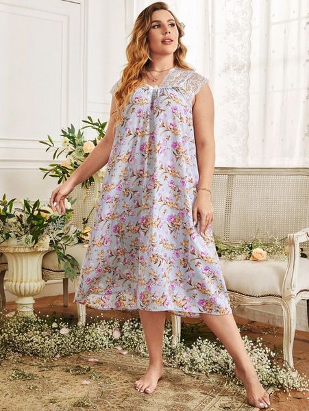 

plus lace shoulder bow detail floral print nightdress 41go#, Black;white