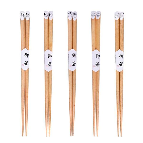 

pairs of japanese pointed beech chopsticks household wooden solid color cartoon animal kitchen tableware
