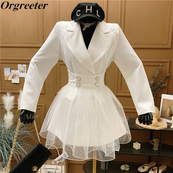 

spring summer blazer dress two piece set women notched collar jacket +button mesh skirt suits female outfits 210525, White