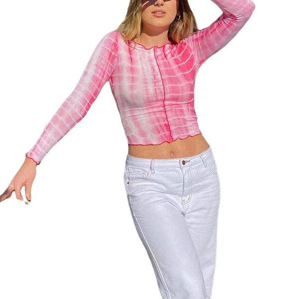 

women's autumn fashion long-sleeved personality tie-dye slim fit round neck exposed navel t-shirt clubwear, White
