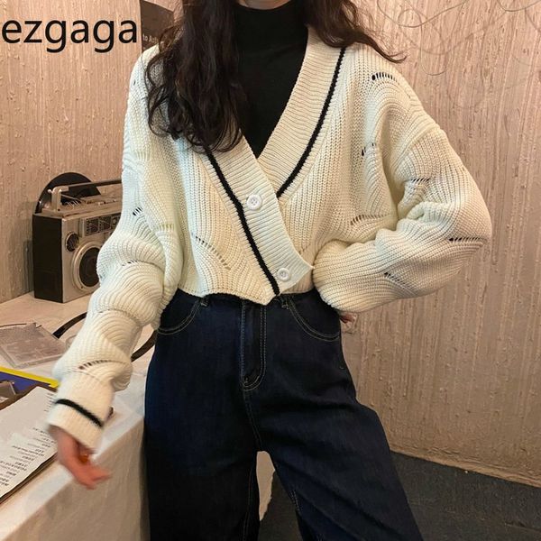 

ezgaga tender hollow out knitted cardigan women outwear winter new korean v-neck loose ladies crop elegant sweater 210430, White