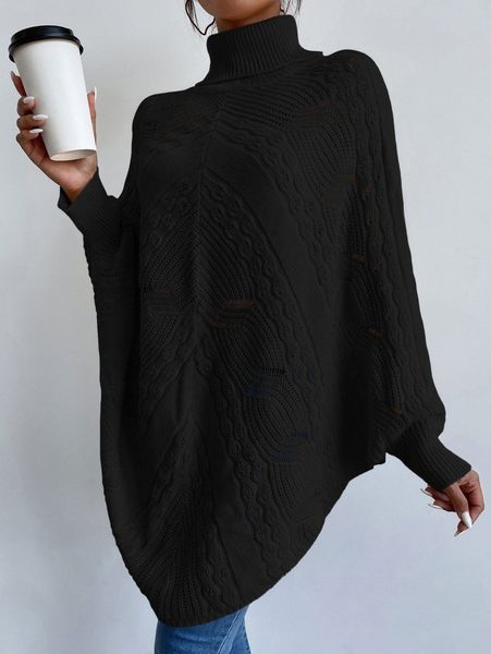 

turtle neck dolman sleeve pointelle knit poncho sweater w0fl#, White