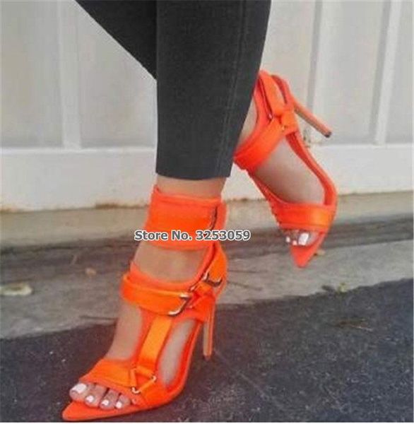 

women fabulous orange lime green buckle strap sandals thin high heel metal decorated dress shoes mixed color pumps, Black