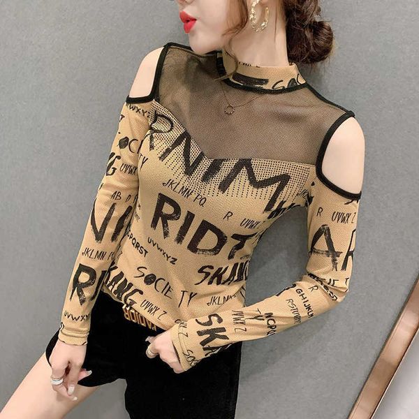 

t-shirt long sleeve women's mesh stitching off shoulder top, White