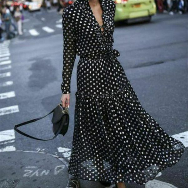 

casual dresses fashion women boho chiffon summer long maxi polka dot print party evening beach sundress, Black;gray