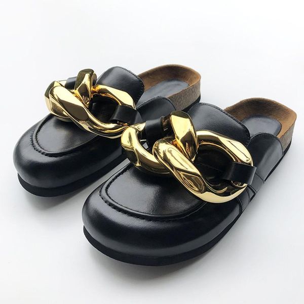 

women mules slippers brand design ladies fashion big gold chain sandals shoes round toe slip on flat heel casual slides, Black