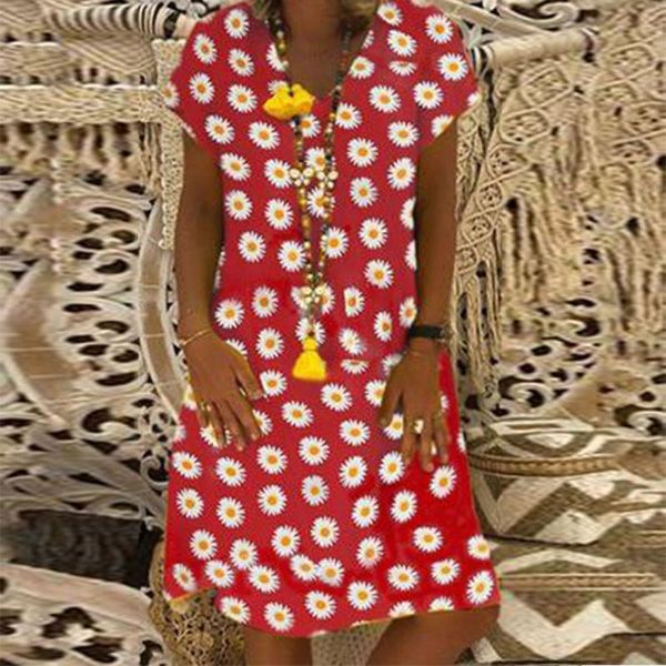 

maternity dresses vintage polka dot dress women plus size daisy print v-neck short sleeve loose knee-length midi robe vestido#40, White