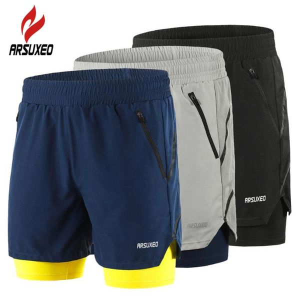 

sportswear man running shorts men 2 in 1 gym reflective fitness crossfit pants workout clothes quick dry, Black;blue