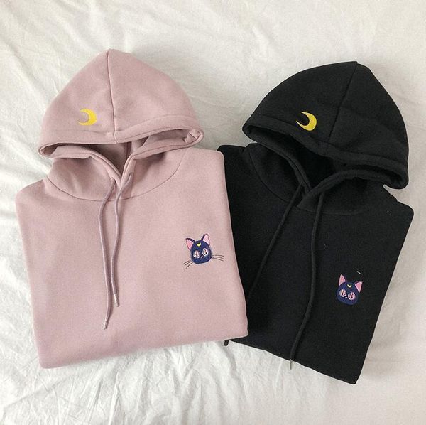 

loose embroidery cartoon moon cat hooded sweater, White;black