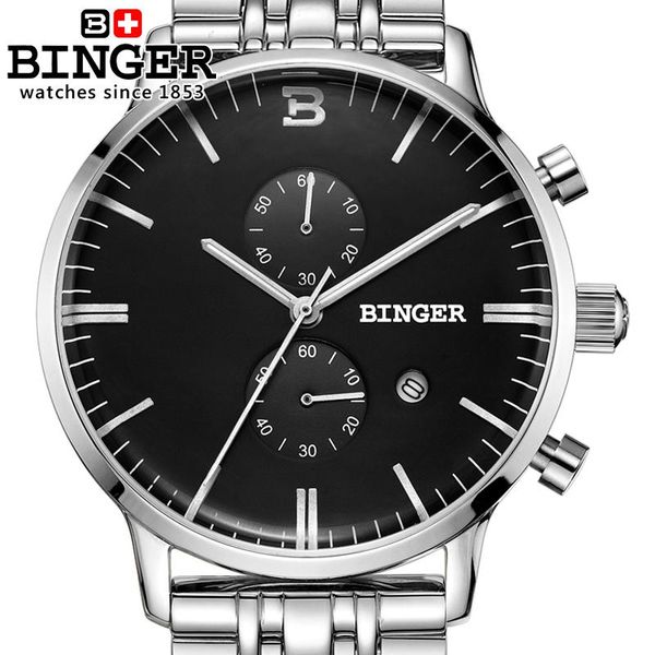 

wristwatches switzerland men's watch binger quartz clock glowwatch full stainless steel chronograph diver b11221, Slivery;brown