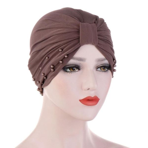 

ethnic clothing muslim women beading knot turban caps elastic islamic hijab bonnet ladies hair loss chemo cap headwear fashion, Red