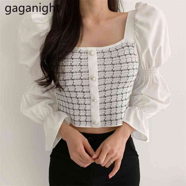 

elegant women knitted patchwork plaid crop blouse puff long sleeve slim shirt female chic korean blusas fashion shirts 210601, White