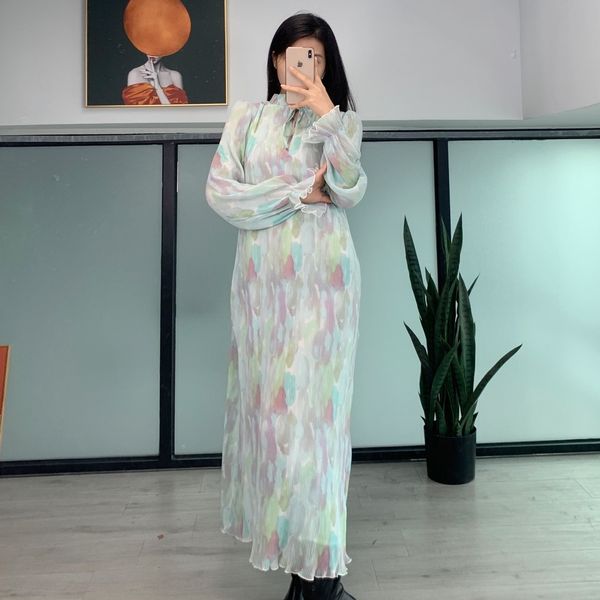 

dress 2021 early spring women midi dress ladies ruffles trim lace-up collar sleeve dyed ink print pleated long dresses, Black;gray