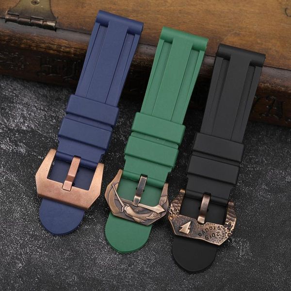 

watch bands 22mm 24mm 26mm rubber waterproof watchband black blue and green matching bronze buckle bracelet, men's strap, Black;brown