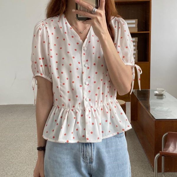 

dress korean sweet chic v-neck daisy flower gentle thin women slim streetwear stylish bow sleeves shirt, White