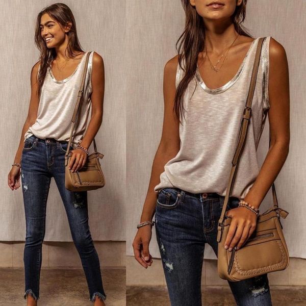 

vest sleeveless loose blouse women o neck gold stamping neckline tank for spring/summer women's tanks & camis, White