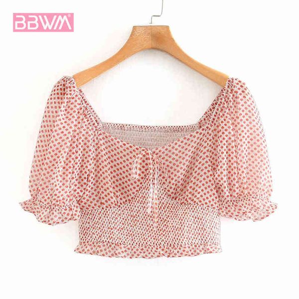 

summer women's short with square neck and bubble sleeves short sleeve shirt with high-waisted wave dot crop button female 210507, White