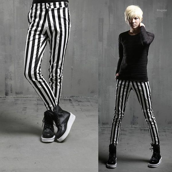 

spring men's pants fashion personality trend stripes slim pencil plus size casual stage hip-hop costumes, Black