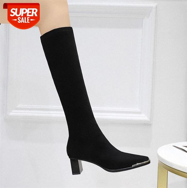 

829-6 european and american fashion simple thick-heeled high-heeled metal square toe iron head suede nightclub slim high boots #dq8i