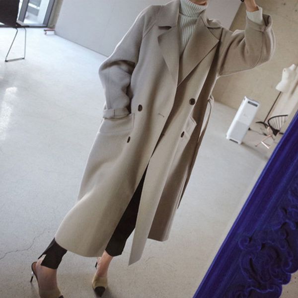 

women's leather & faux winter wide lapel belt pocket blend coat long wool women lafo, Black