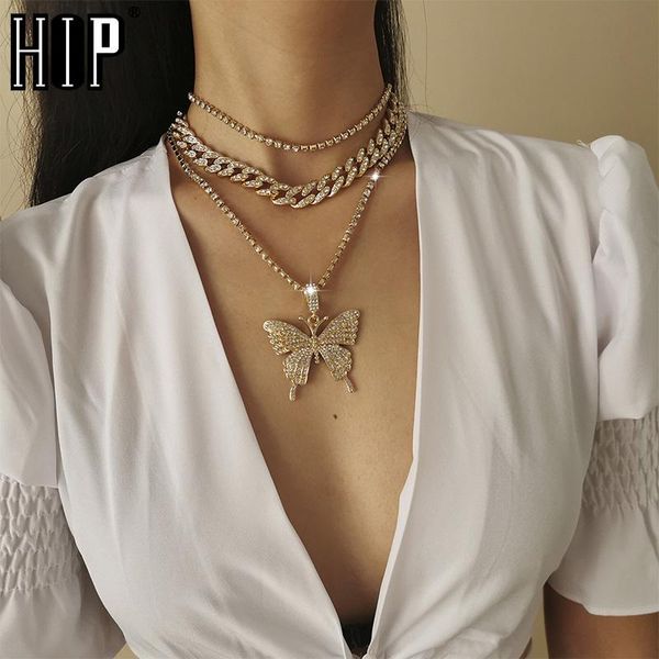 

chains hip hop bling out cuban chain with butterfly tennis necklace gold silver color set for women girls jewelry