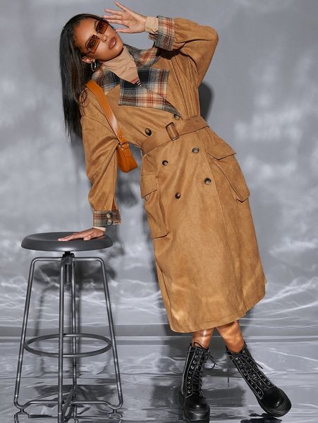 

double breasted belted suede trench coat r6ka#, Tan;black