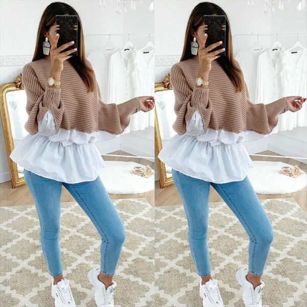 

women casual batwing long sleeve womens sweater patchwork pullover loose oversized shirts soft comfortable sweaters, White;black