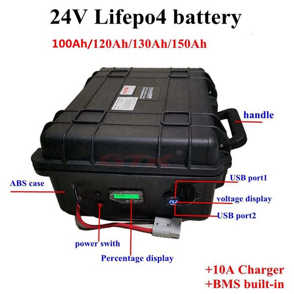 Wasserdichte 24V 100Ah 120Ah 130Ah 150Ah Lifepo4 Lithiumbatterie BMS 100A für elektrisches Fischerboot Solarenergie RV+10A Ladegerät