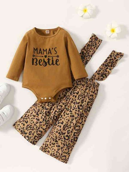 

baby letter graphic bodysuit & leopard ruffle trim pinafore pants she, White