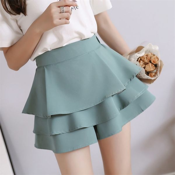 

women korean short ruffled elastic waist a- line shorts skirts lady solid color fashion s-2xl p347 210719, White;black