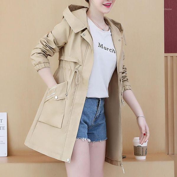 

women's trench coats lady windbreaker with lining female student solid casual outwear 2021 spring autumn hooded mid-length thin, Tan;black
