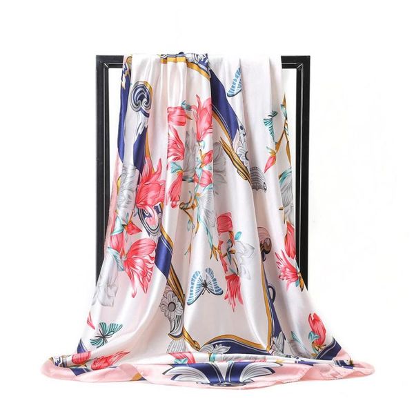 

scarves silk scarf woman satin square hijab scarfs shawls wraps flower print head 90cm x wholesale, Blue;gray