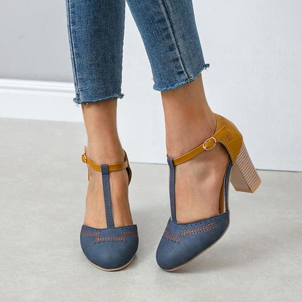 

dress shoes retro round head color matching hollow t-type buckle pumps women high heel sandals fall 2021 thick casual fashion heels, Black